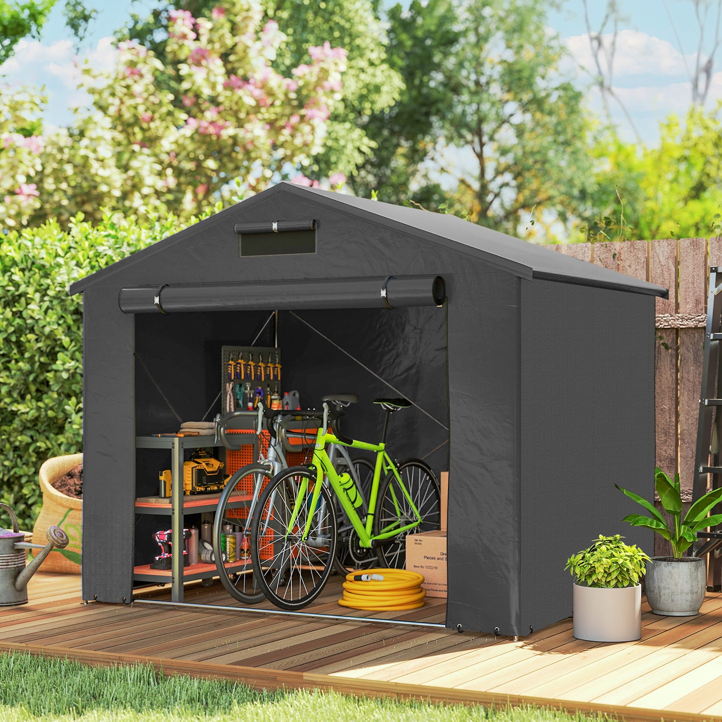 8 x 6 ft Outdoor Garden Storage Shed, Waterproof Bike Tent with Roll-Up Zipper Door