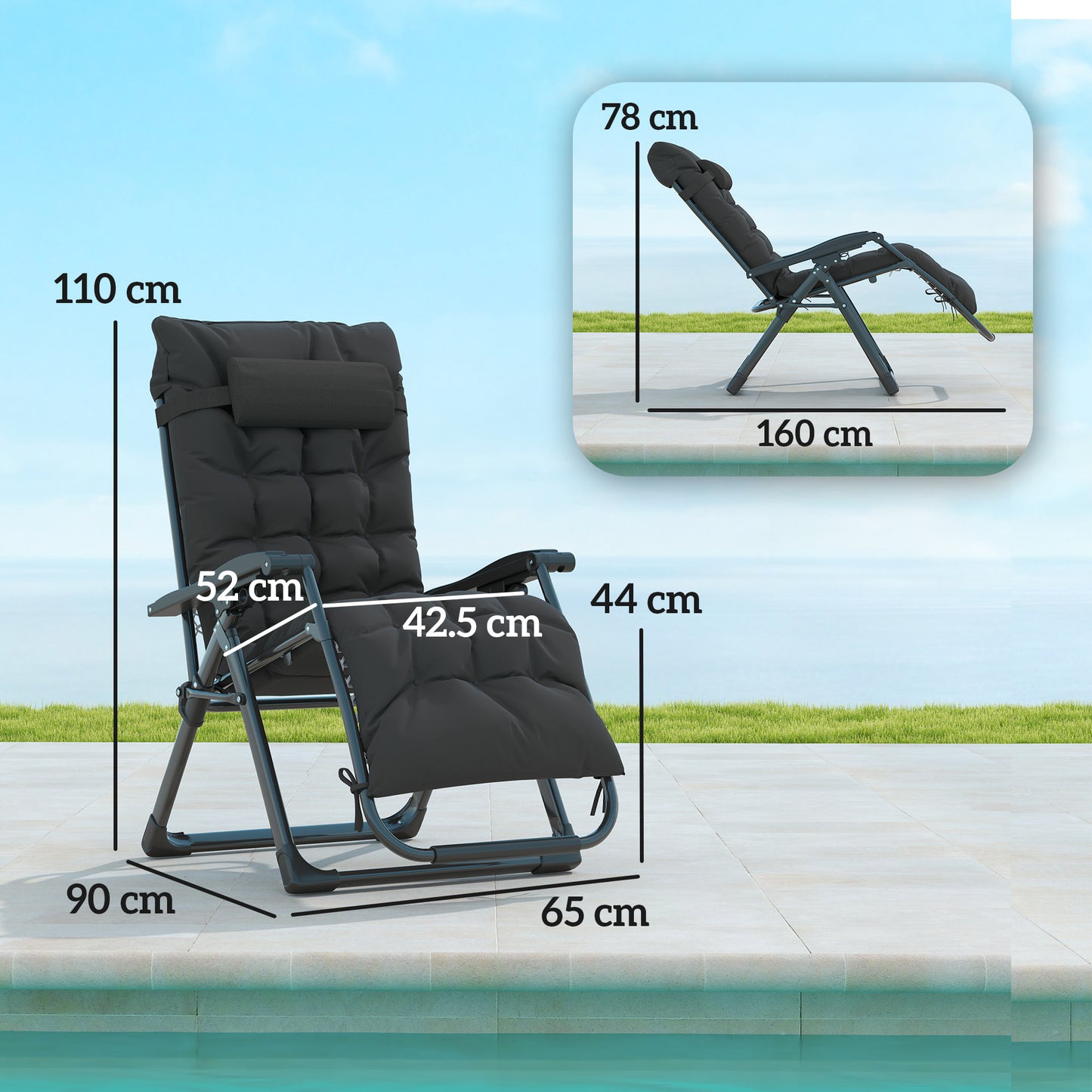 2 Piece Reclining Zero Gravity Sun Loungers with Cushions, Black