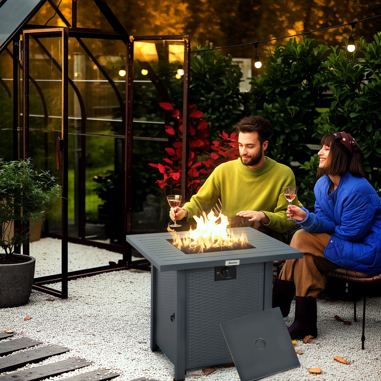 Rattan-style Propane Gas Fire Pit Table with 40,000 BTU Burner, Square Smokeless Firepit Patio Heater with Thermocouple