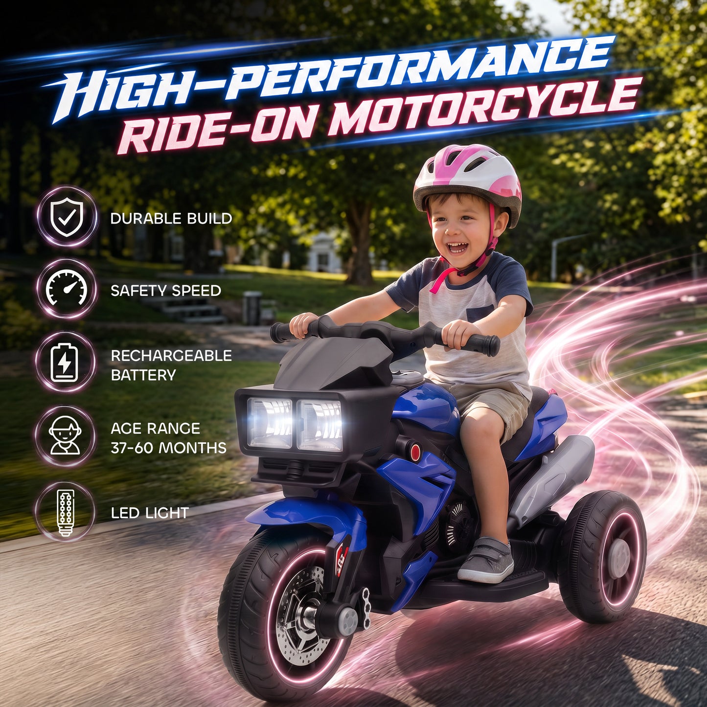 Kids Electric Motorcycle Ride-On Toy, 3-Wheel Battery-Operated Motorbike with Horn, Toddler Ride On Bike, Blue