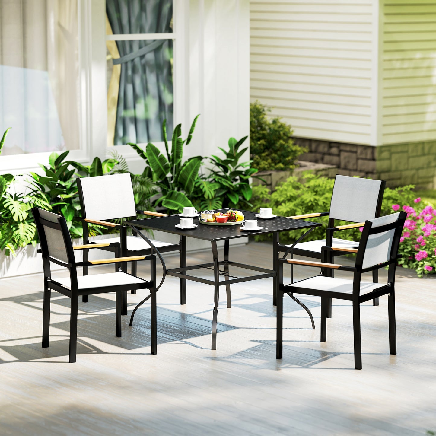 94 x 94 cm Garden Table with Parasol Hole, Outdoor Dining Garden Table for Four with Slatted Metal Plate Top, Black
