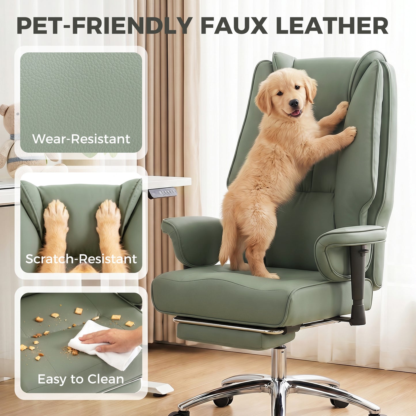 Executive Office Chair, Reclining Desk Chair with Footrest, Adjustable Armrests, Pet Friendly Faux Leather, Green