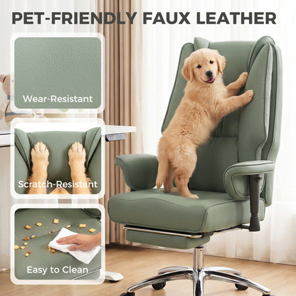 Executive Office Chair, Reclining Desk Chair with Footrest, Adjustable Armrests, Pet Friendly Faux Leather, Green
