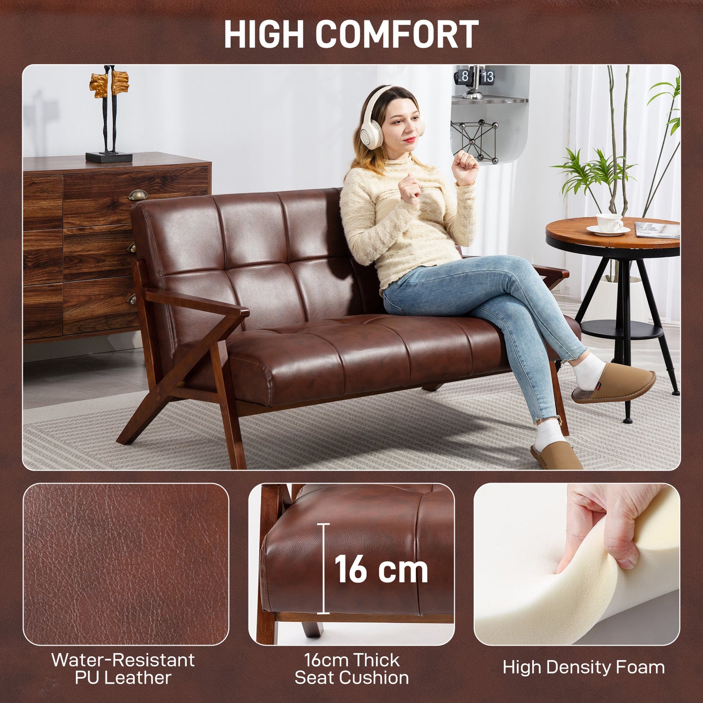 Compact 2 Seater Sofa, Vintage Tufted Loveseat Sofa with Solid Wood Legs, PU Leather Small Couch Settee for Living Room