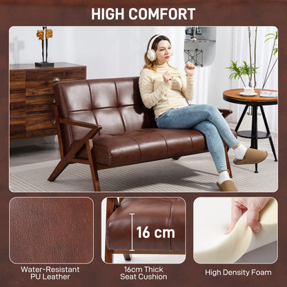 Compact 2 Seater Sofa, Vintage Tufted Loveseat Sofa with Solid Wood Legs, PU Leather Small Couch Settee for Living Room