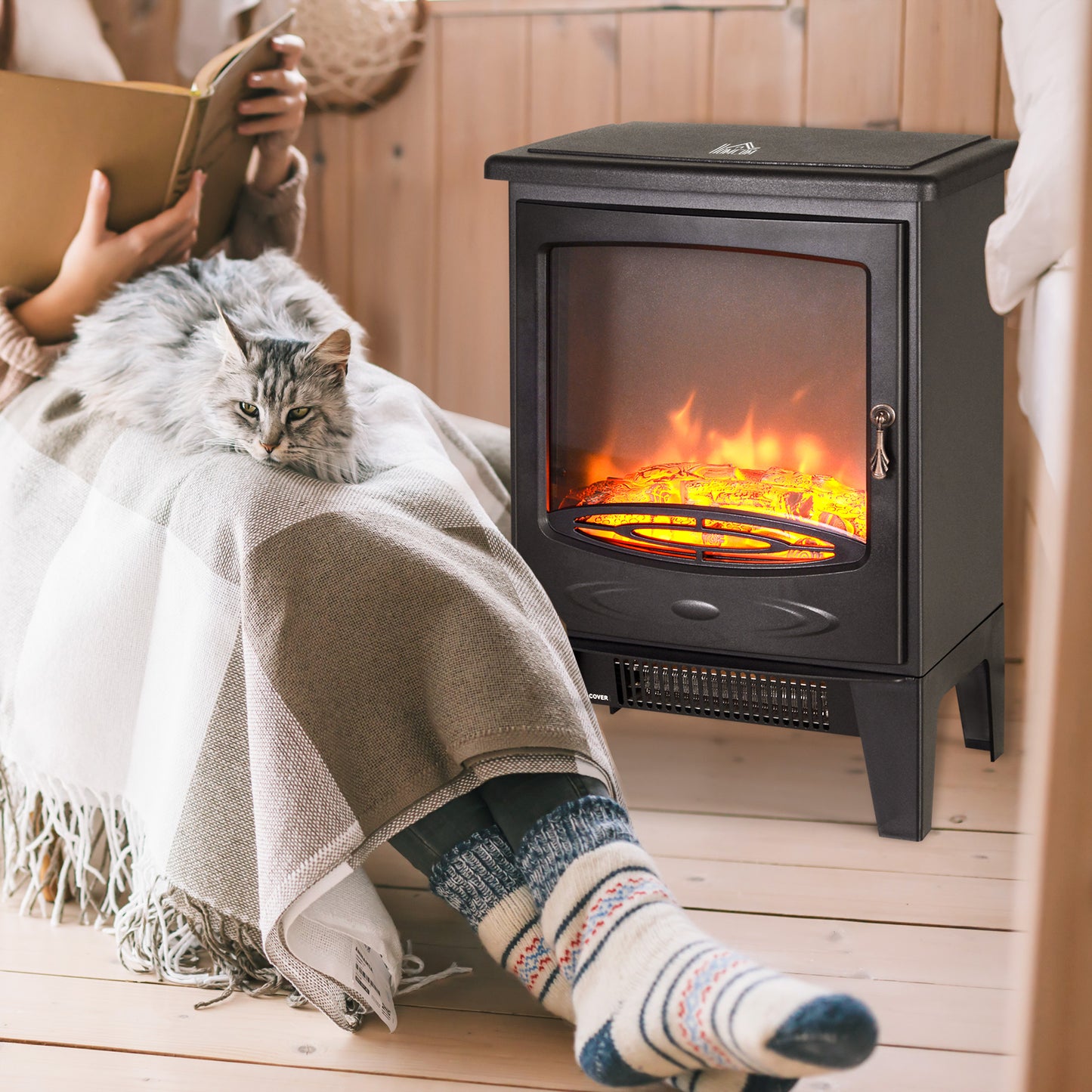 Tempered Glass Casing Electric Fireplace, Freestanding Electric Fire with Realistic Flame Effect, Log Burner