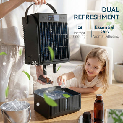 Portable Air Conditioner, 4-in-1 Mini Air Cooler with 4 Wind Speed, 2 Cool Mist, RGB 7 LED Light, Black