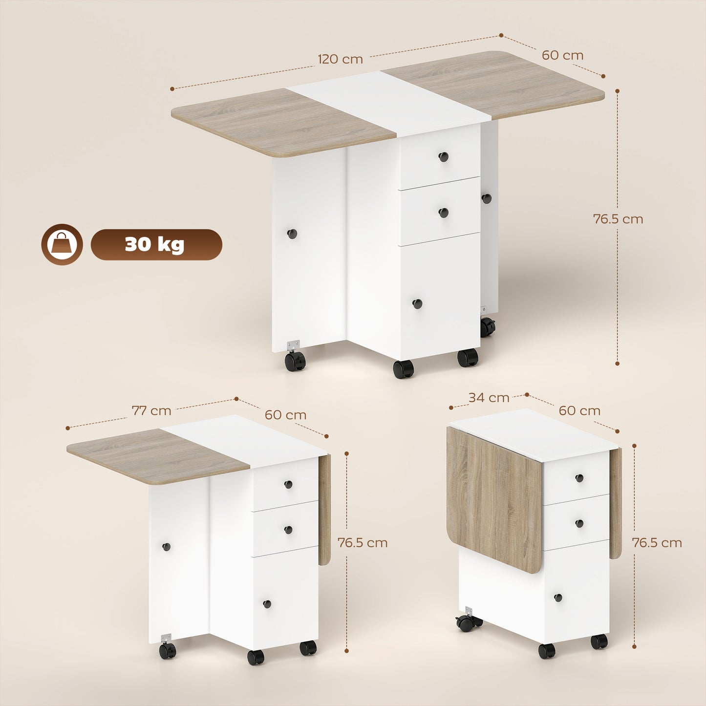 Multi-Storage Six-Person Drop Leaf Dining Table - Oak and White