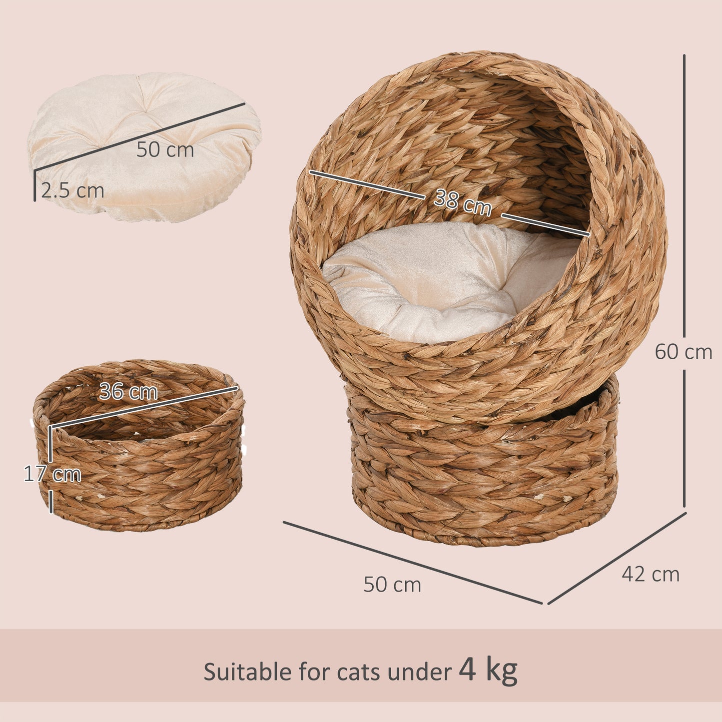 Woven Banana Leaf Elevated Cat Bed Wicker Kitten Basket Pet Den, House Cosy Cave with Soft Cushion Dome 50x42x60cm Brown