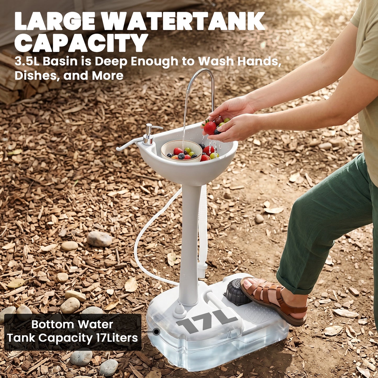 Camping Sink, 17L Portable Hand Wash Station with Towel Holder, Soap Dispenser and Rolling Wheels, Outdoor Sink for Events
