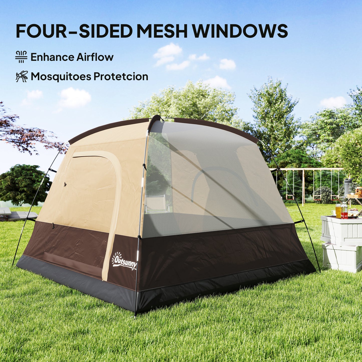 3-4 Person Camping Tent, Easy Set Up 3-4 Man Tent w/ Sewn-in Groundsheet, Waterproof Dome Tent w/ Mesh Windows, Brown