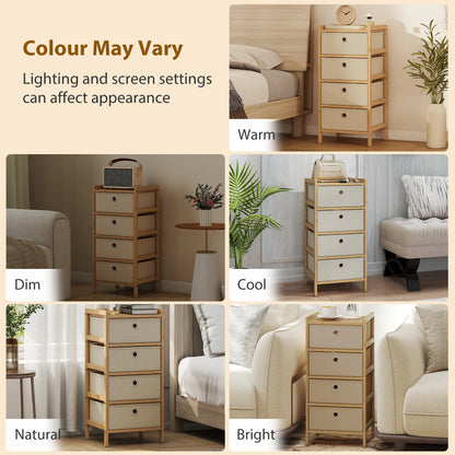 Chest of Drawers, 4 Fabric Drawers Narrow Dresser with Bamboo Frame, Cream White