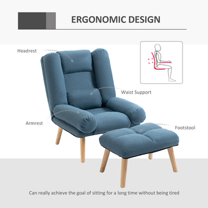 Recliner Chair with Footstool, Recliner Armchair with Adjustable Backrest, Thick Cushion and Wooden Legs, Blue