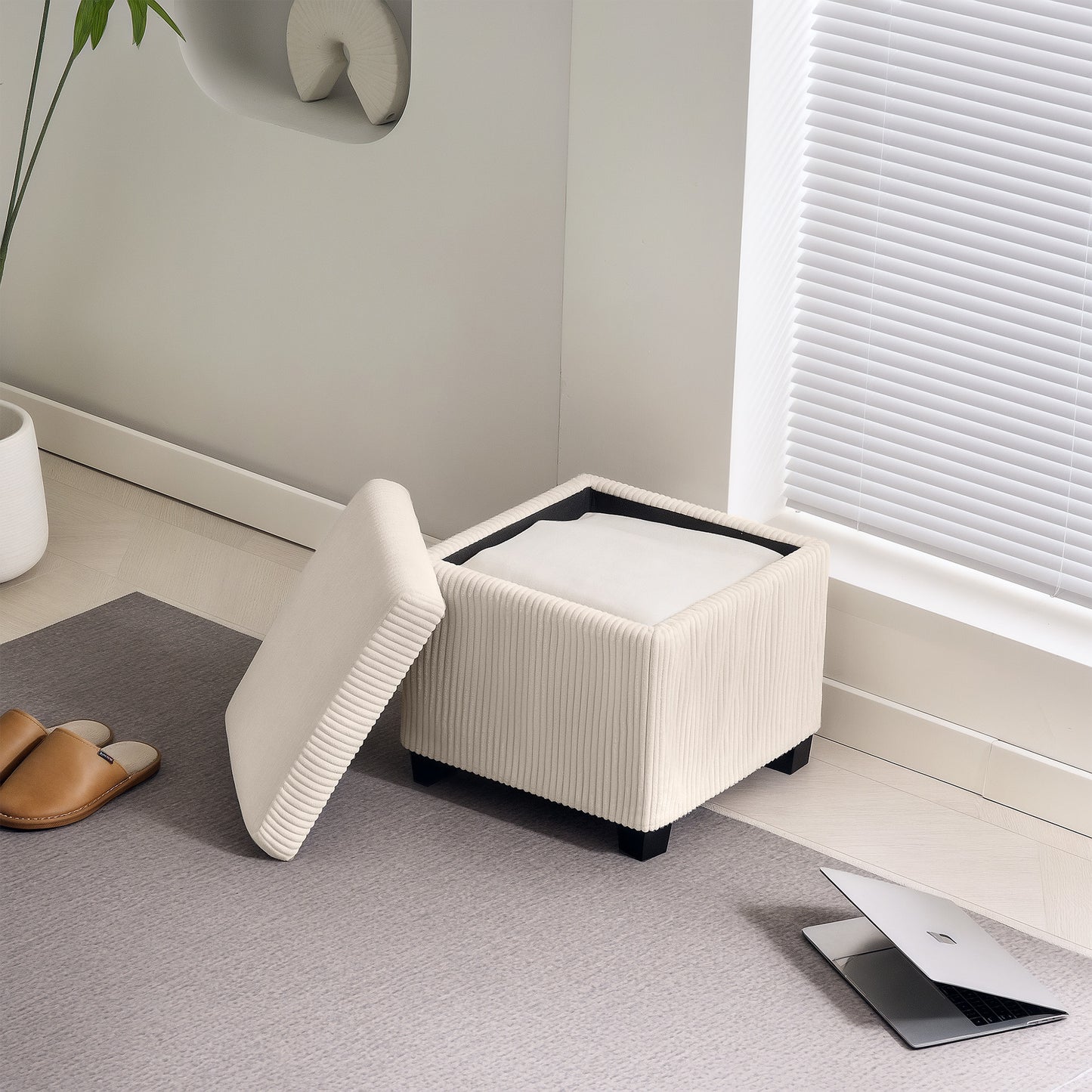 Storage Ottoman Bench, Corduroy Storage Chest Box with Wooden Legs, 40cm Bed End Bench for Living Room, Bedroom, Entryway