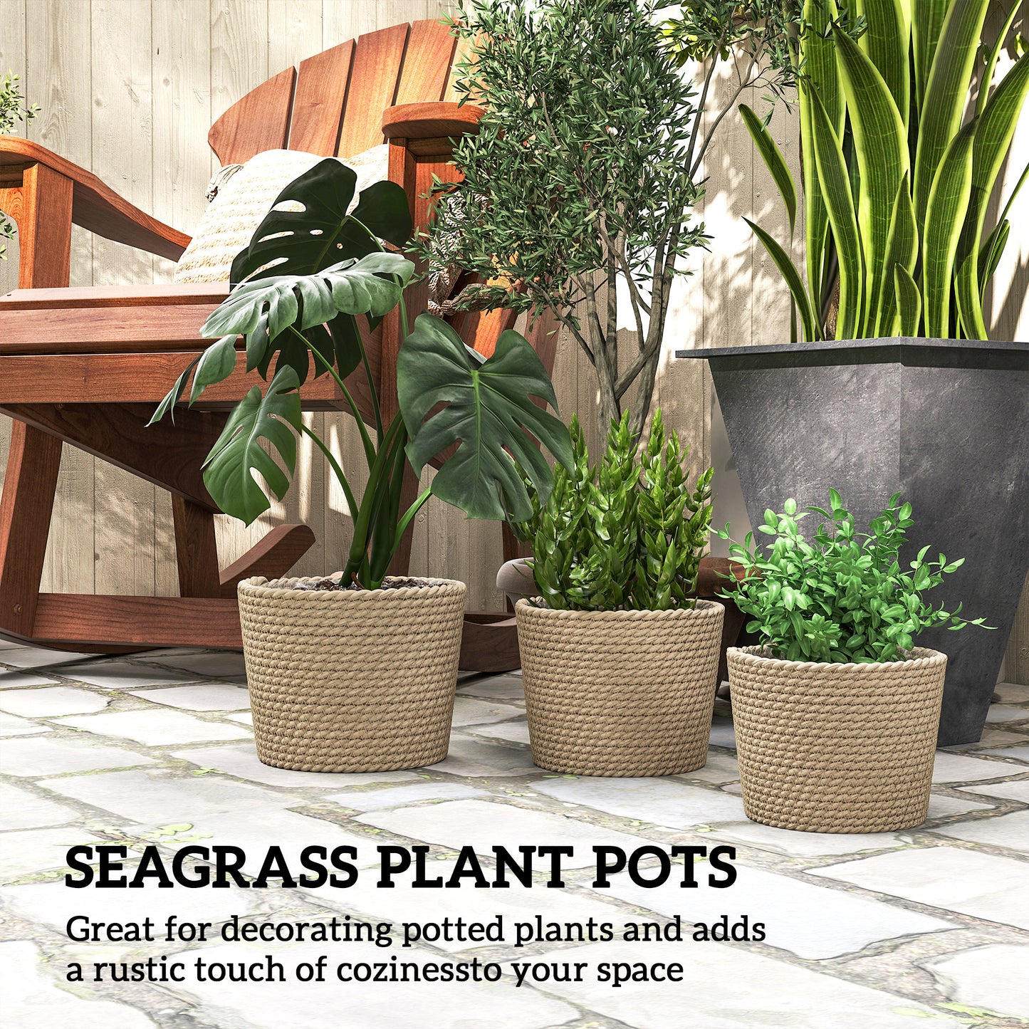 Seagrass Planters Set of 3 Plant Pots for Indoor Outdoor Patio Balcony Natural