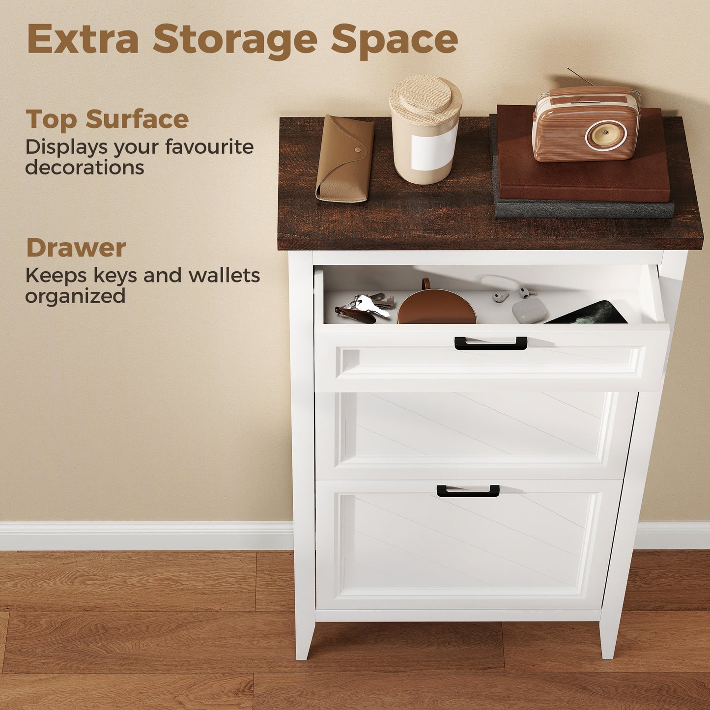Shoe Cabinet with 2 Flip Drawers, Farmhouse Narrow Shoe Storage Cabinet with Adjustable Shelves, White