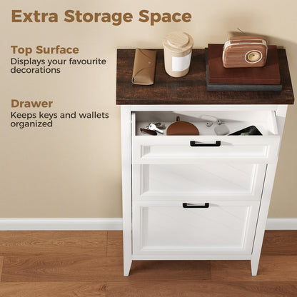Shoe Cabinet with 2 Flip Drawers, Farmhouse Narrow Shoe Storage Cabinet with Adjustable Shelves, White