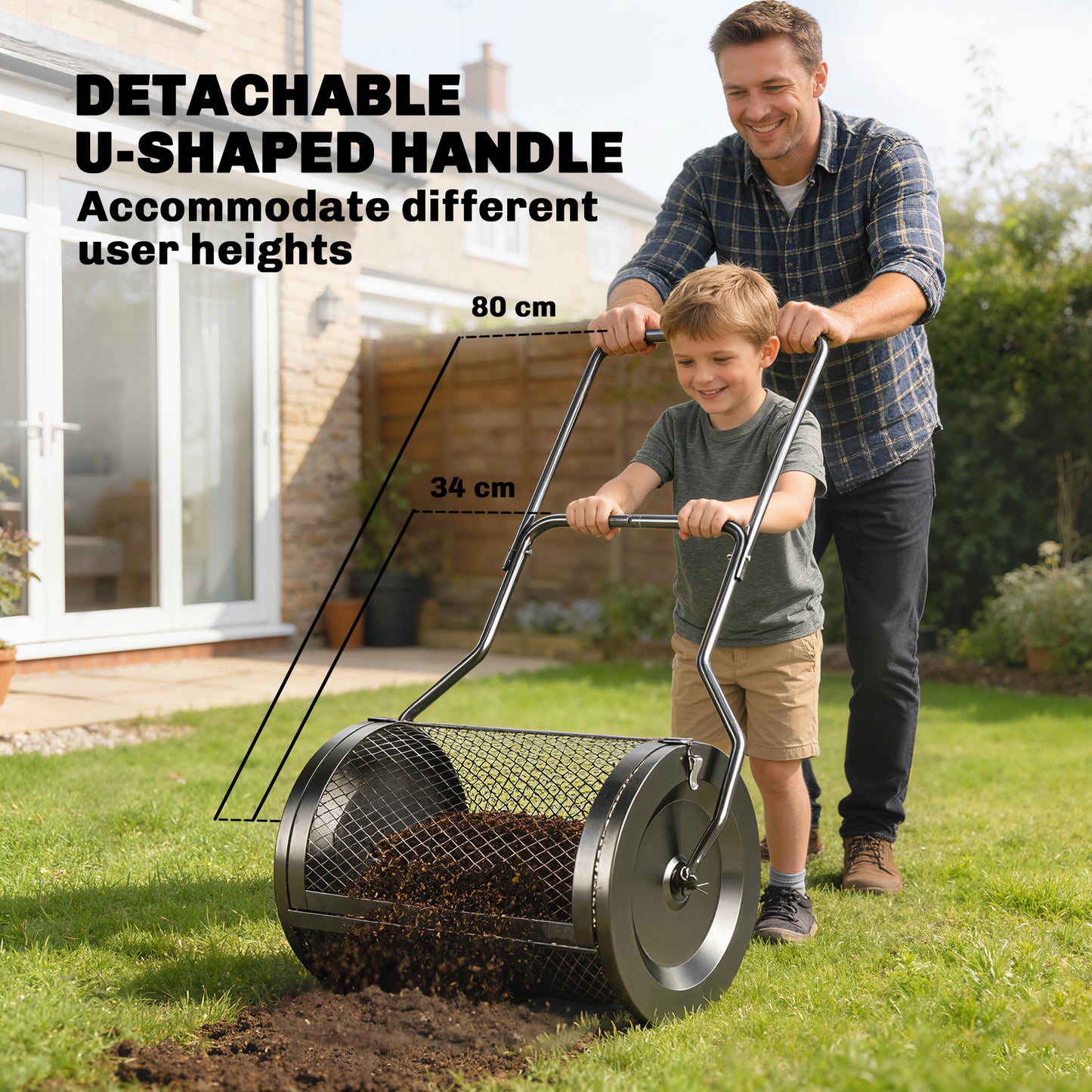 Compost Spreader, 20" Peat Moss Spreader with Detachable U-Shaped Handle and Metal Mesh Basket