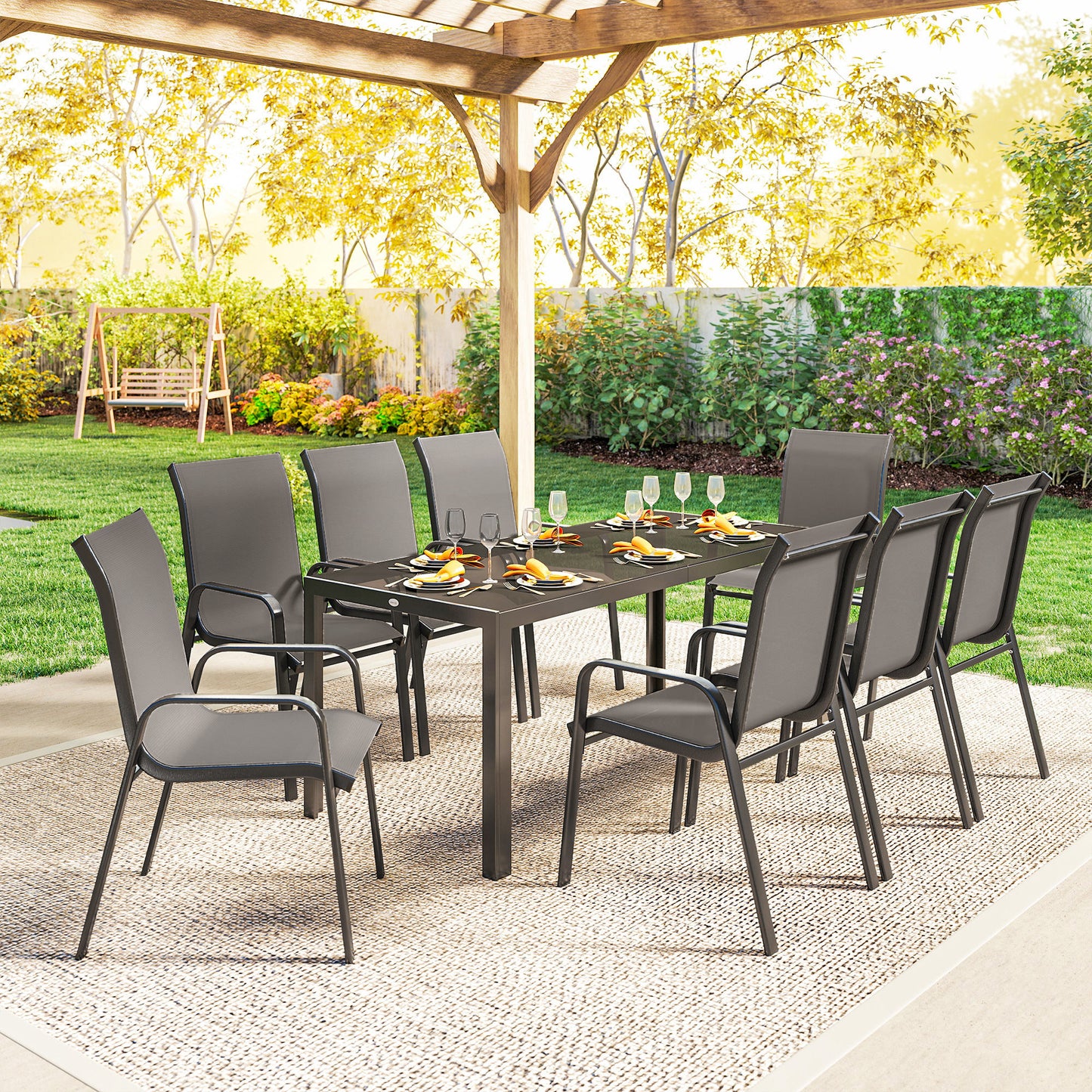 9 Pieces Garden Dining Set, Outdoor Table and Chairs Set for 8, Garden Furniture Set with Tempered Glass Top, Dark Grey