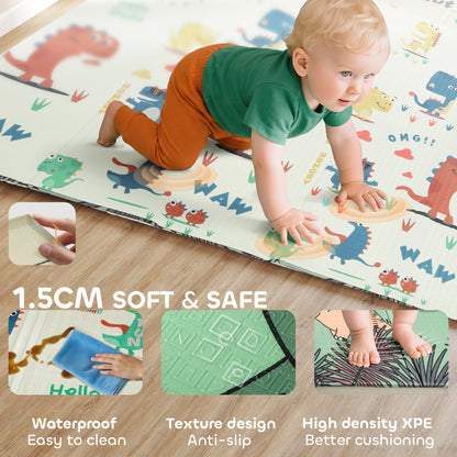 Baby Play Mat, Double Sideded Foldable Kids Crawling Mat, Reversible & Waterproof, Dinosaur