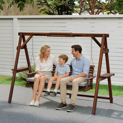 3 Seater Garden Swing Seat, Wooden Swing Chair Bench with Cushion, Side Trays and Metal Chains, for Outdoor Porch Patio