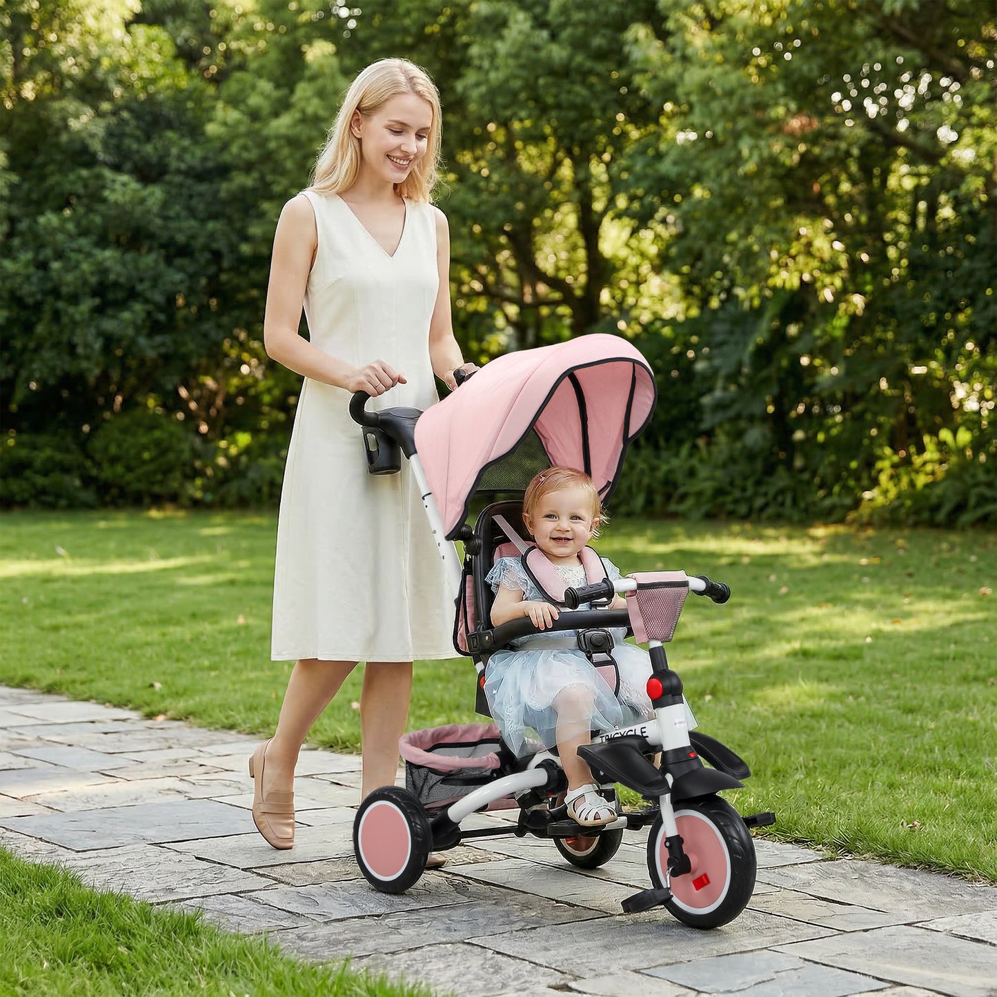 6 in 1 Foldable Kids Trike with Adjustable Parent Handle & Canopy for Ages 1-5, Pink
