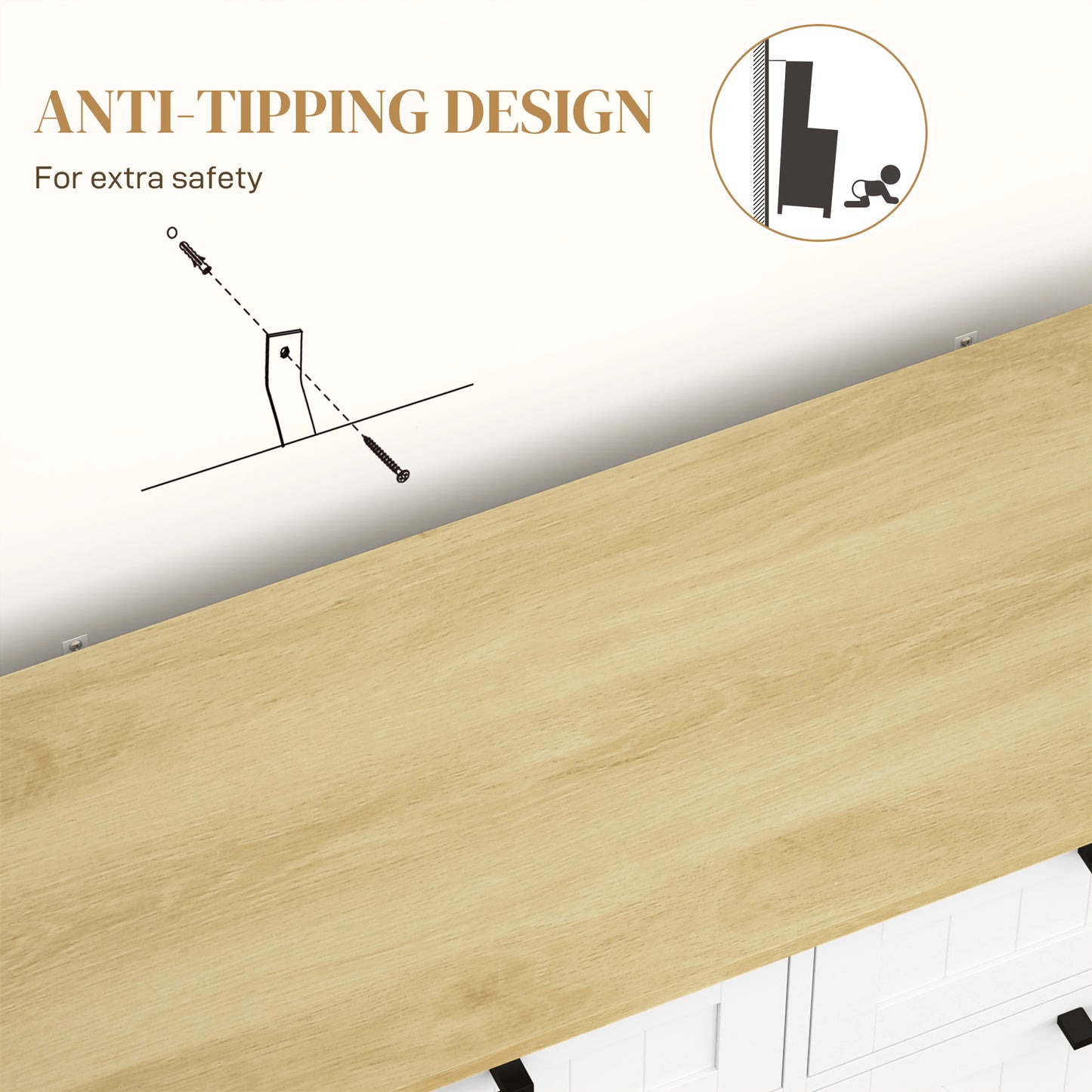 Sideboard with Tilt-out Trash Bin, Farmhouse Kitchen Sideboard with 2 Drawers, Adjustable Shelves, Door Racks, White
