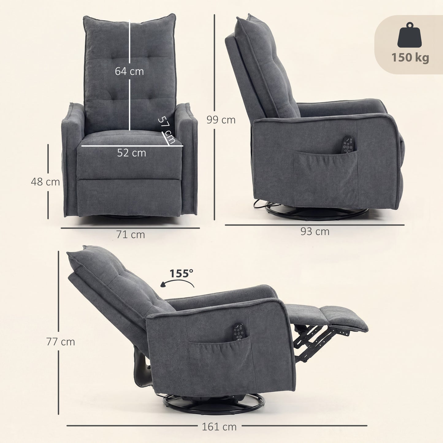 Recliner Armchair, Chenille Recliner Chair with Massage and Heat, 360° Swivel Rocking Manual Recliner, Dark Grey