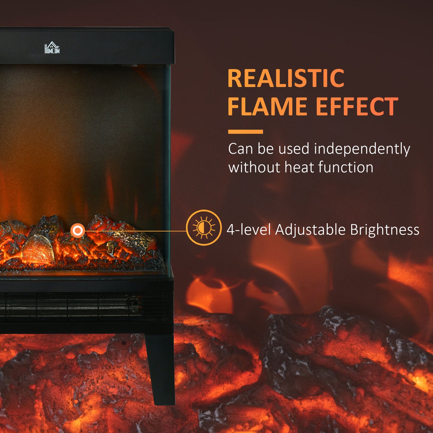 180° Charming Electric Fireplace Heater, Quiet Freestanding Stove with LED Flame Effect, 3-Sided Tempered Glass Panels