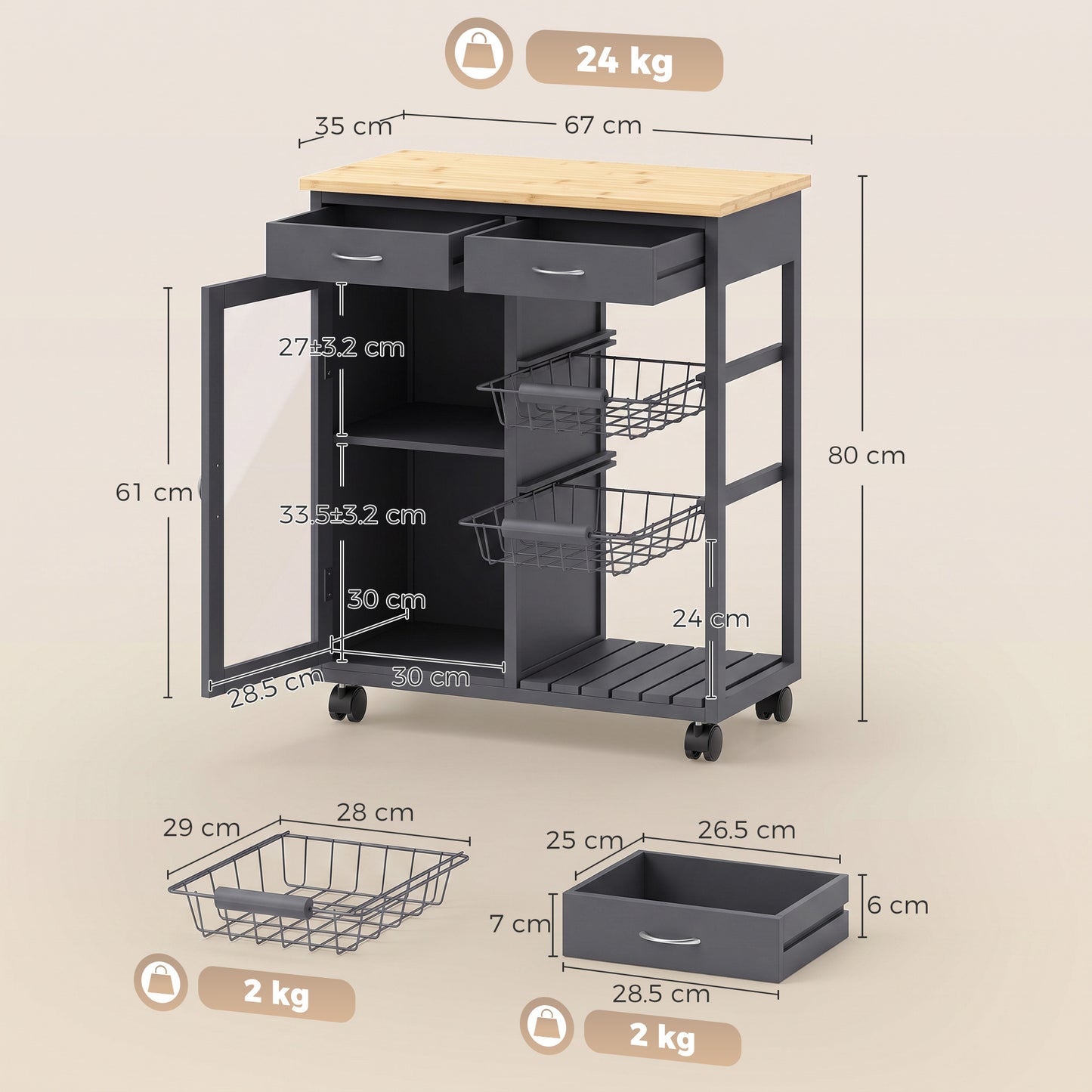 Bamboo Kitchen Island, Rolling Kitchen Trolley with Glass Door, 2 Metal Wire Baskets and Adjustable Shelf, Grey