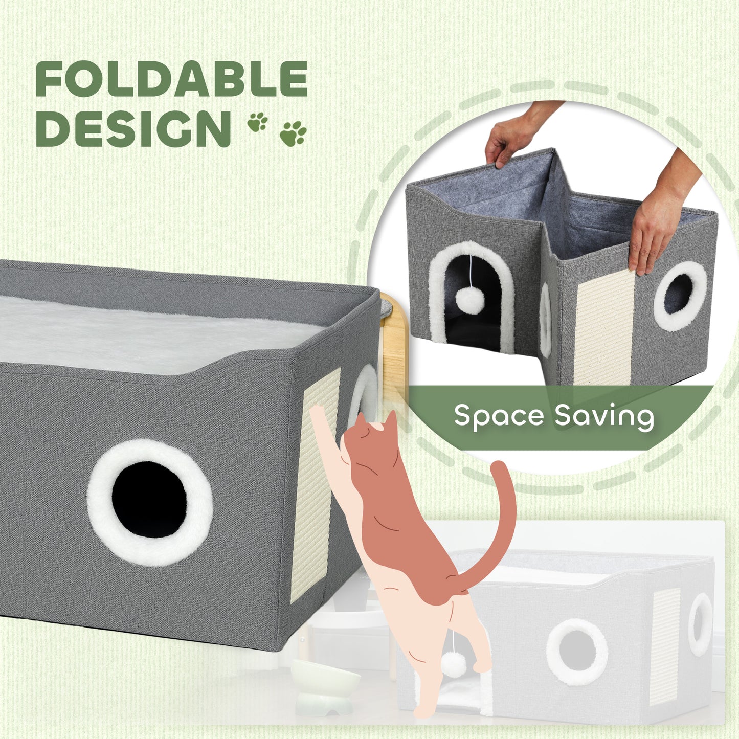 Cat Bed for Indoor Pets, Foldable Cat House with Fluffy Ball and Scratch Pad for Small and Medium Pets, Grey