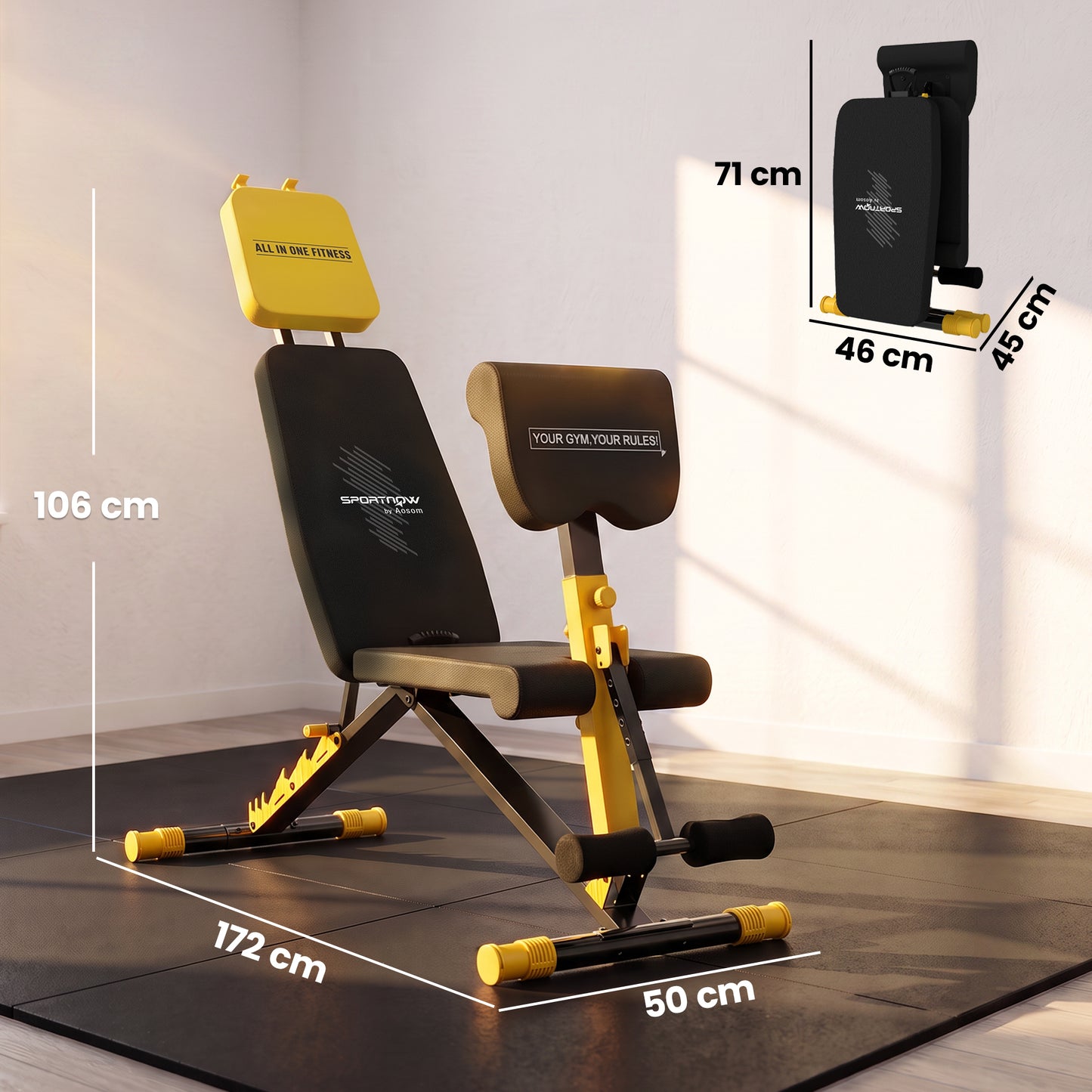 Adjustable Weight Bench for Home Gym, 300kg Incline Decline Flat Foldable Bench Press with 7 Backrest Positions, Yellow