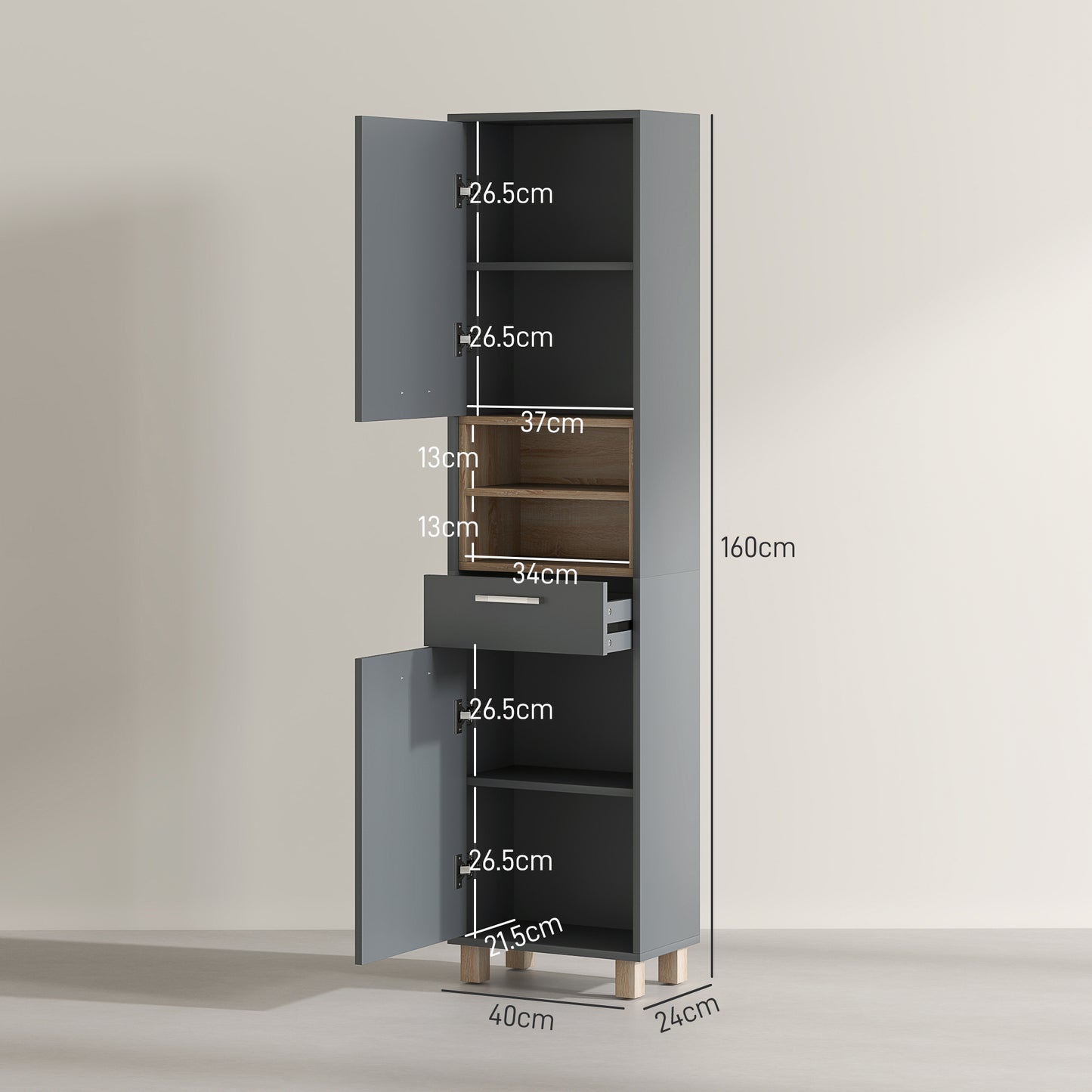 Tall Bathroom Storage Cabinet with MDF Triamine Board and Waterproof Sticker - Matte Grey
