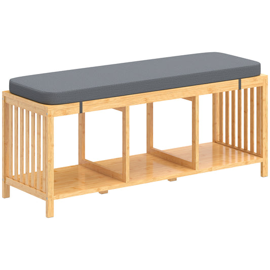 Bamboo Shoe Bench, Entryway Storage Bench with Padded Cushion and Open Shelf, Natural Wood Finish
