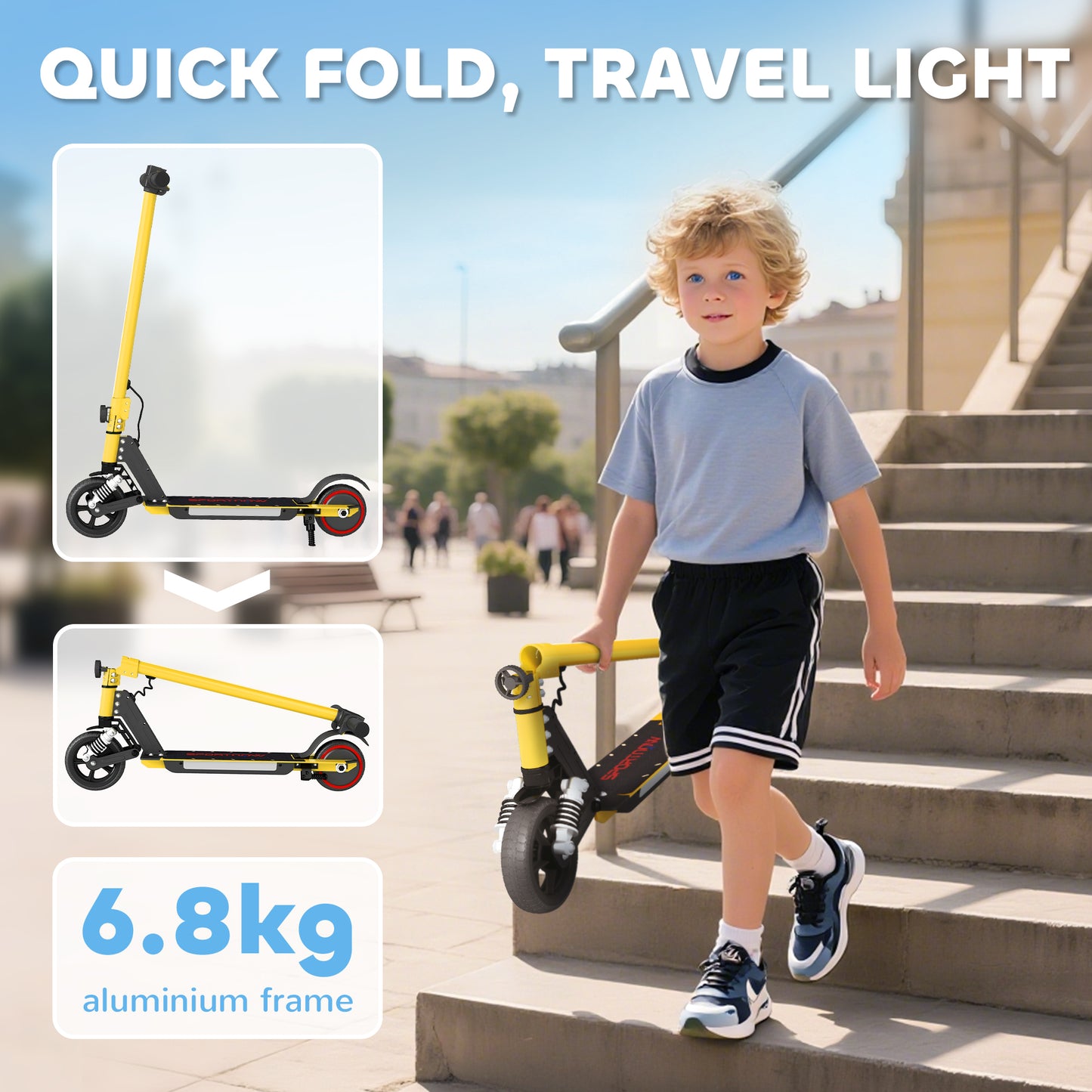 Folding Electric Scooter for Kids, with Dual Brakes, Front Suspension, LED Colourful Lights, Gold Tone