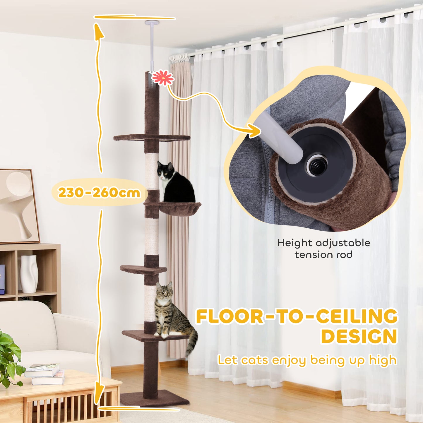 Floor to Ceiling Cat Tree 230-260cm Height Adjustable, 5-Tier Cat Tower with Scratching Posts, Hammock, Perches