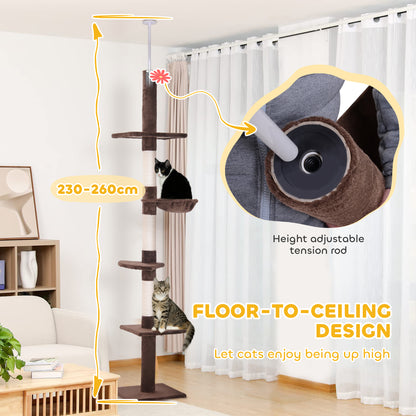 Floor to Ceiling Cat Tree 230-260cm Height Adjustable, 5-Tier Cat Tower with Scratching Posts, Hammock, Perches