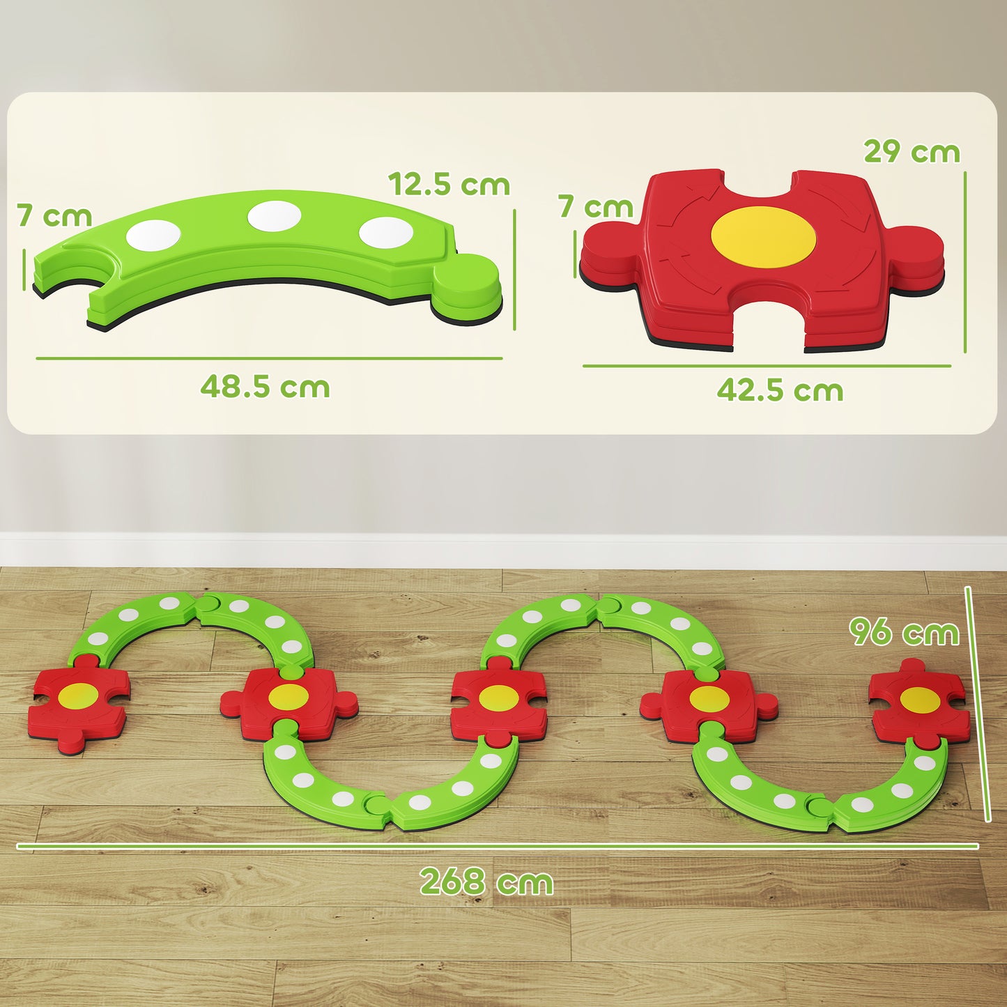 13 PCS Kids Balance Beam Stepping Stones Set with Non-slip Textured Surface, Outdoor Indoor for Toddlers, Green