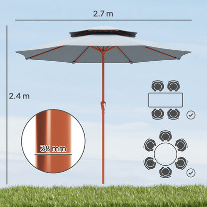 2.7 m Garden Parasol with Double Top Outdoor Market Table Umbrella with Crank System, Light Grey