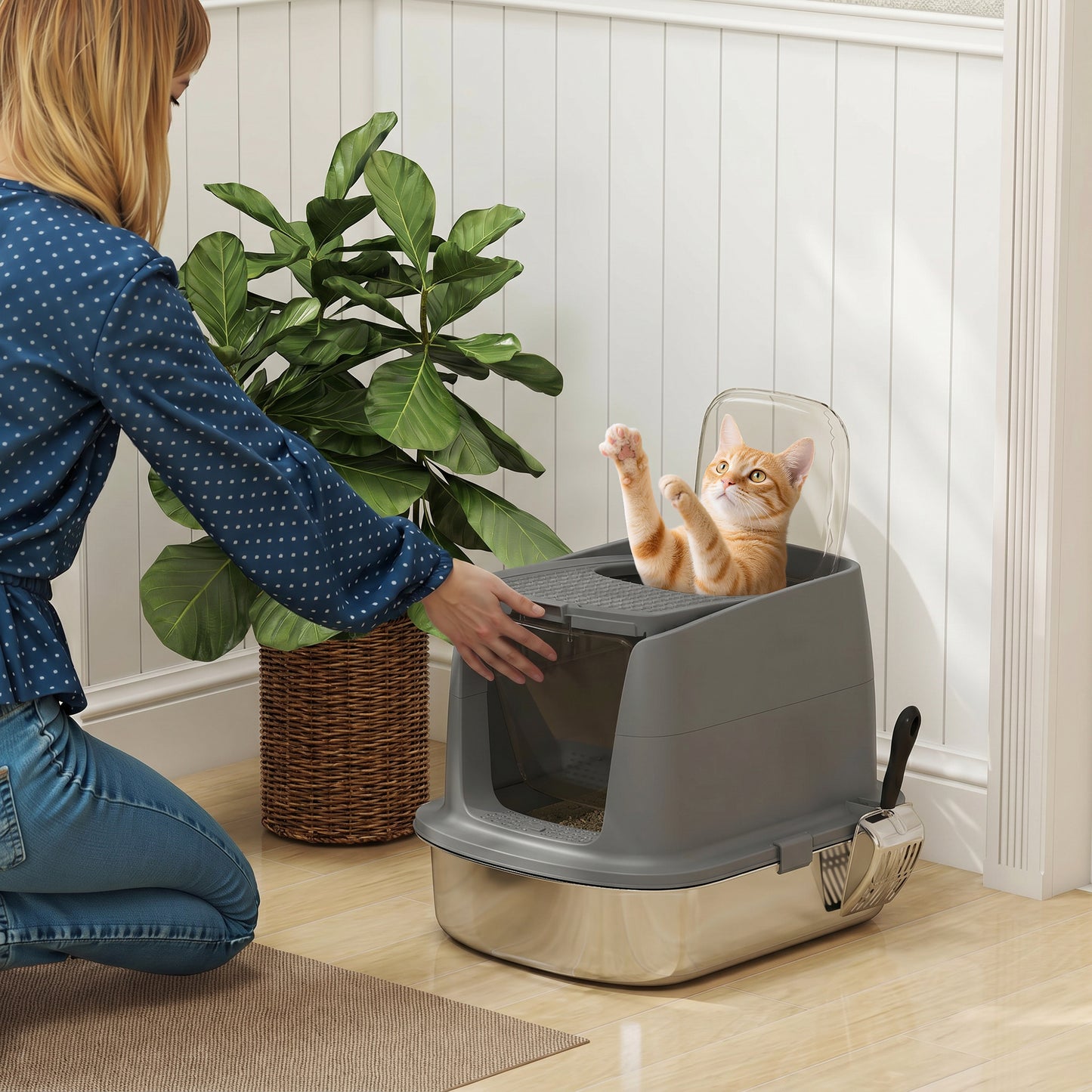 Large Stainless Steel Litter Box, Enclosed Metal Cat Litter Tray with Scoop, Deodoriser Bag, Front-Entry and Top-Exit