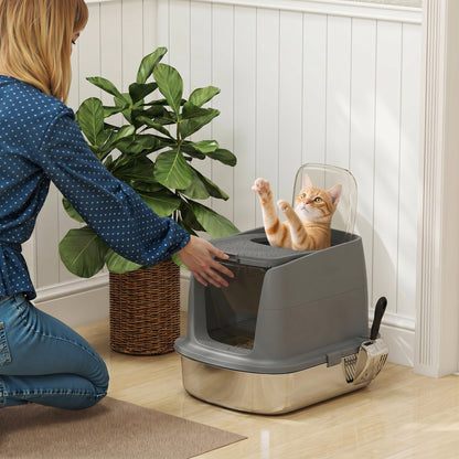 Large Stainless Steel Litter Box, Enclosed Metal Cat Litter Tray with Scoop, Deodoriser Bag, Front-Entry and Top-Exit