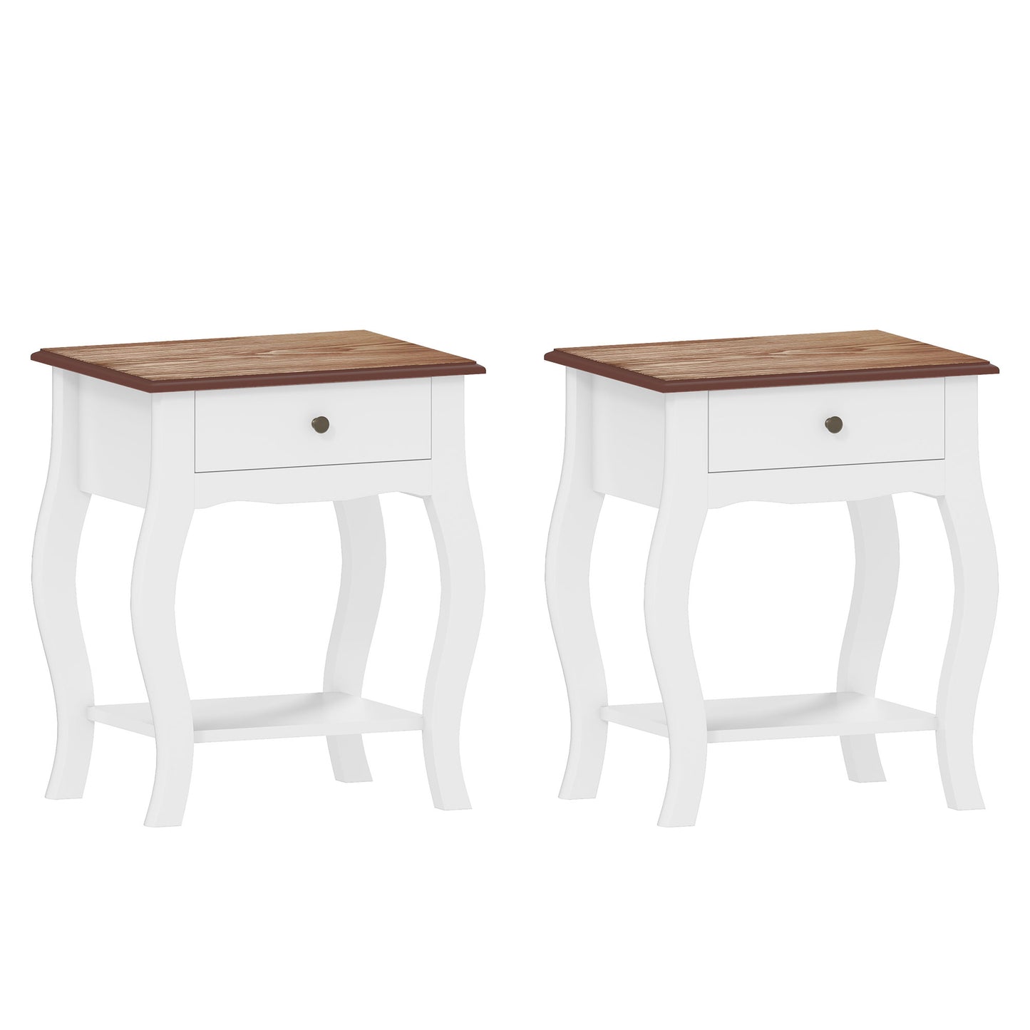 2pcs Bedside Tables with Drawer, French Style Bedside Cabinets with Open Shelf for Bedroom, Living Room, White