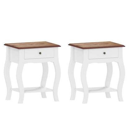 2pcs Bedside Tables with Drawer, French Style Bedside Cabinets with Open Shelf for Bedroom, Living Room, White