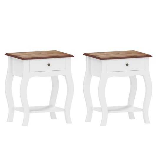 2pcs Bedside Tables with Drawer, French Style Bedside Cabinets with Open Shelf for Bedroom, Living Room, White