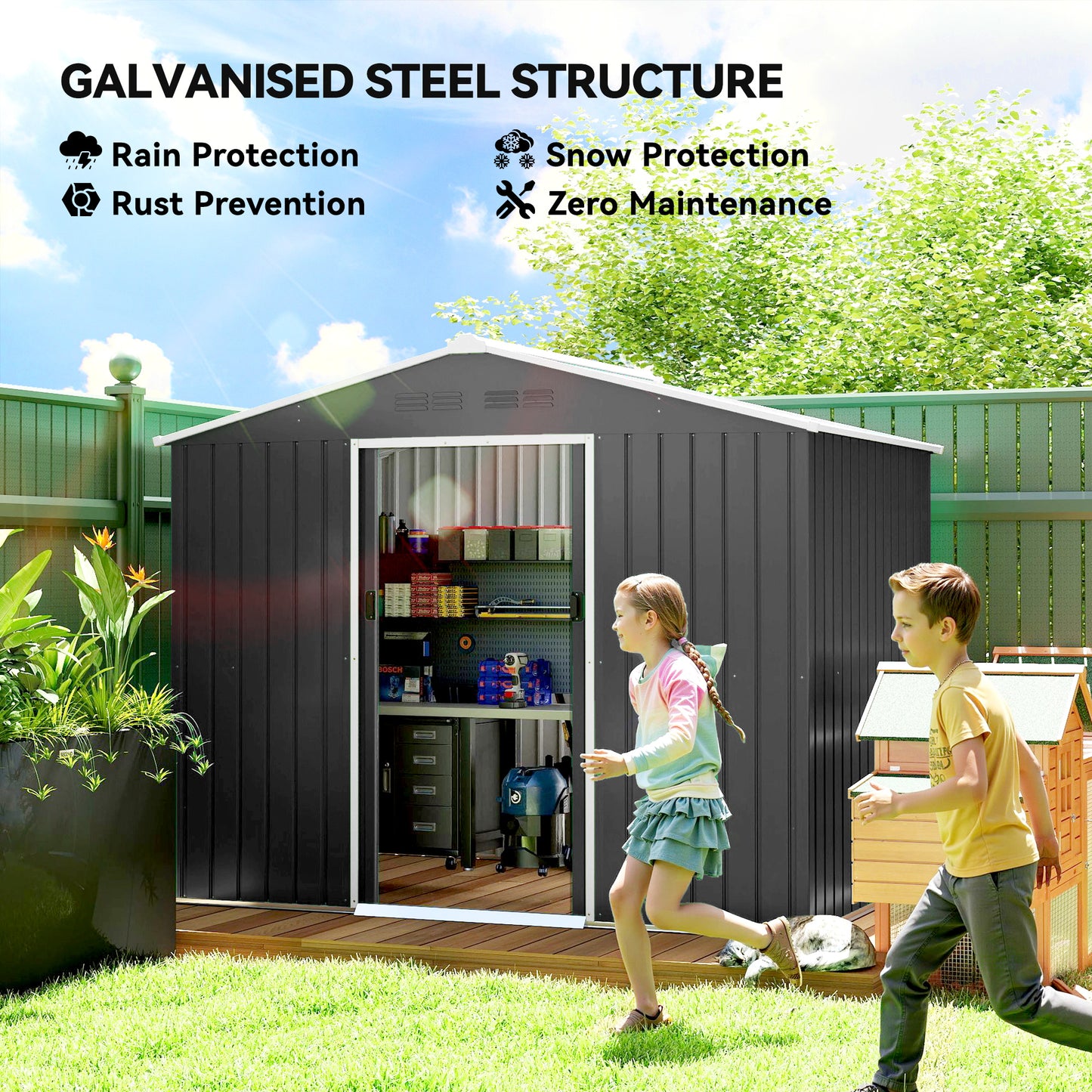 8 x 6ft Galvanised Steel Shed, with Double Door - Dark Grey