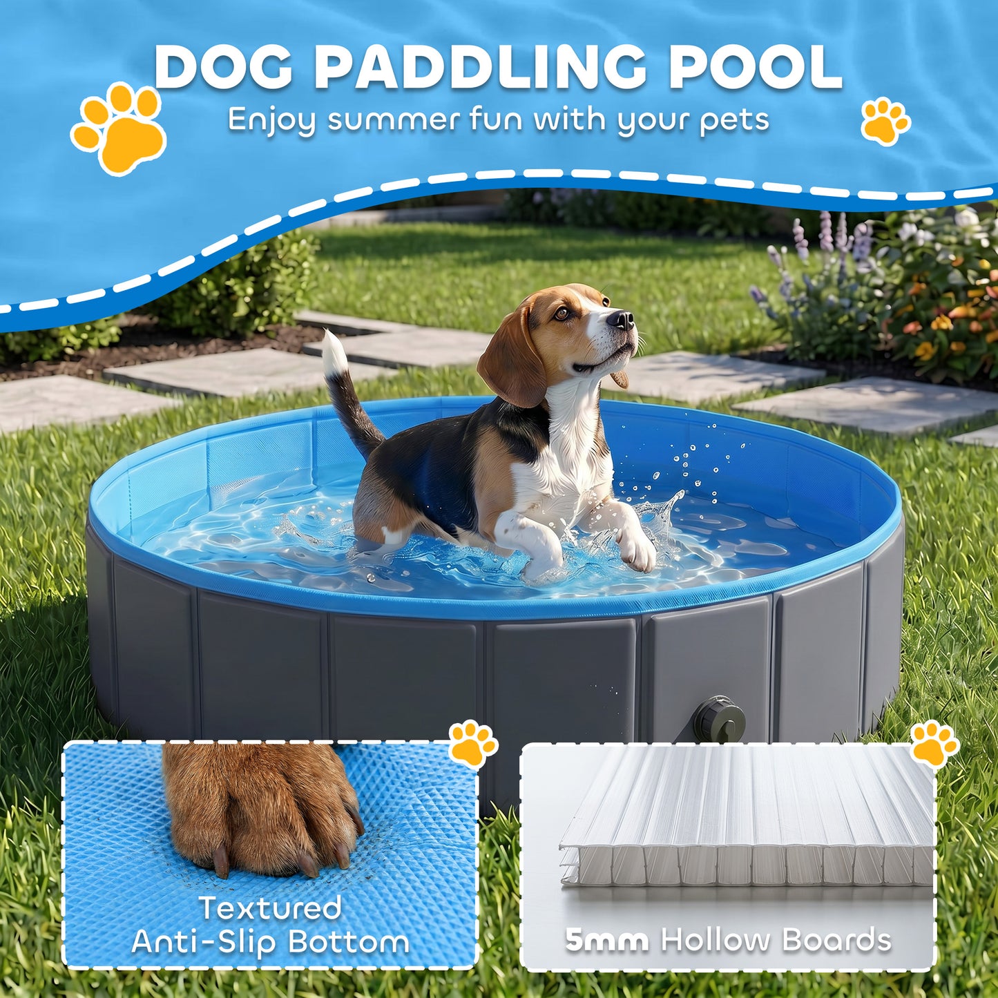 Foldable Dog Pool for Puppies and Ducks Dog Paddling Pool Bath Tub, Dark Grey, 100 x 30 cm
