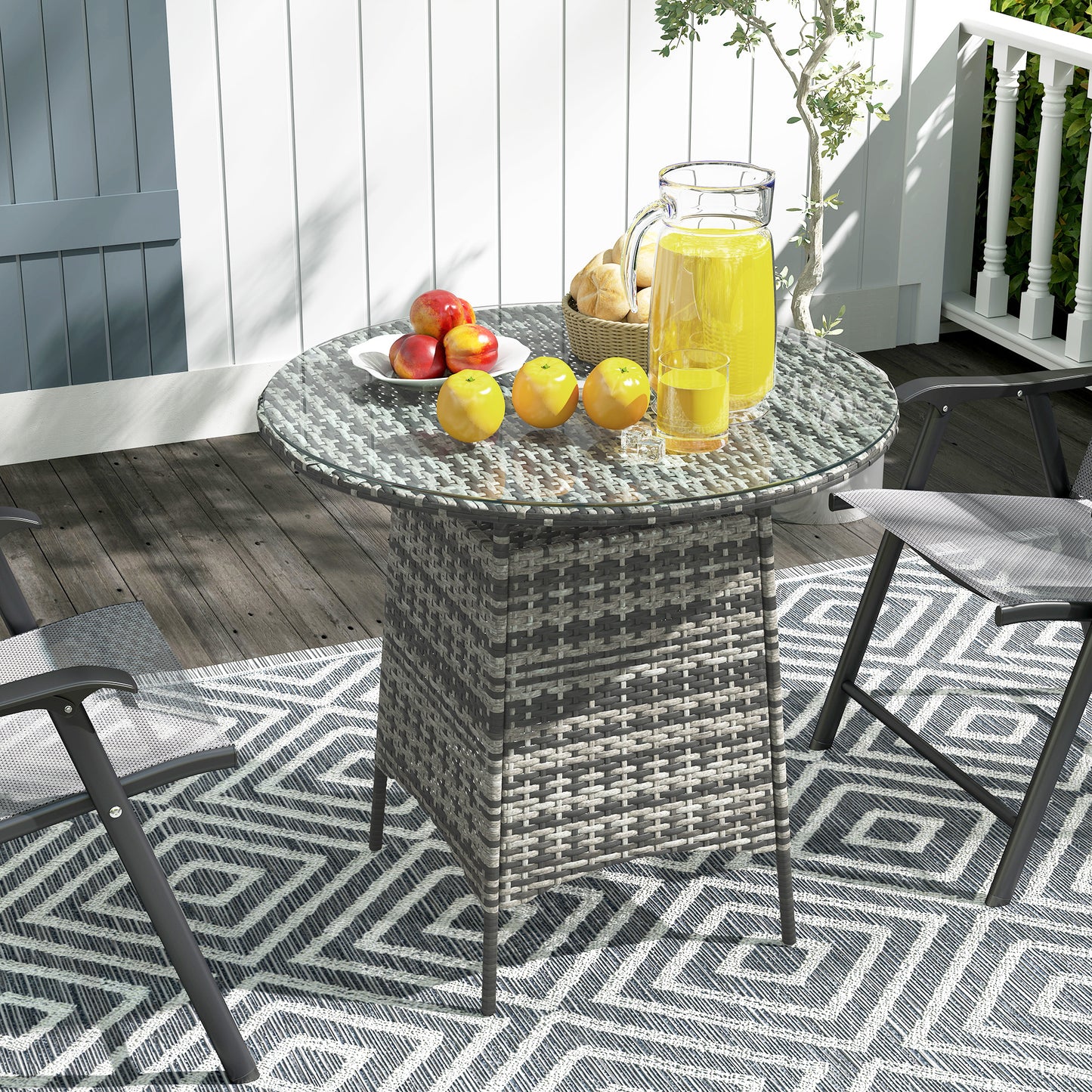 Wicker Garden Rattan Table, Patio Furniture Outdoor Coffee Table with Umbrella Hole and Tempered Glass Top, Grey