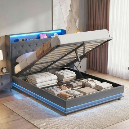 4ft6 Double Bed Frame with Headboard, Platform Bed Frame with Hydraulic Storage, LED Lights and Charging Station, Grey