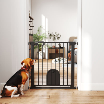 Dog Gate with Cat Flap Pet Safety Gate Barrier, Stair Pressure Fit, Auto Close, Double Locking, 75-82 cm Black