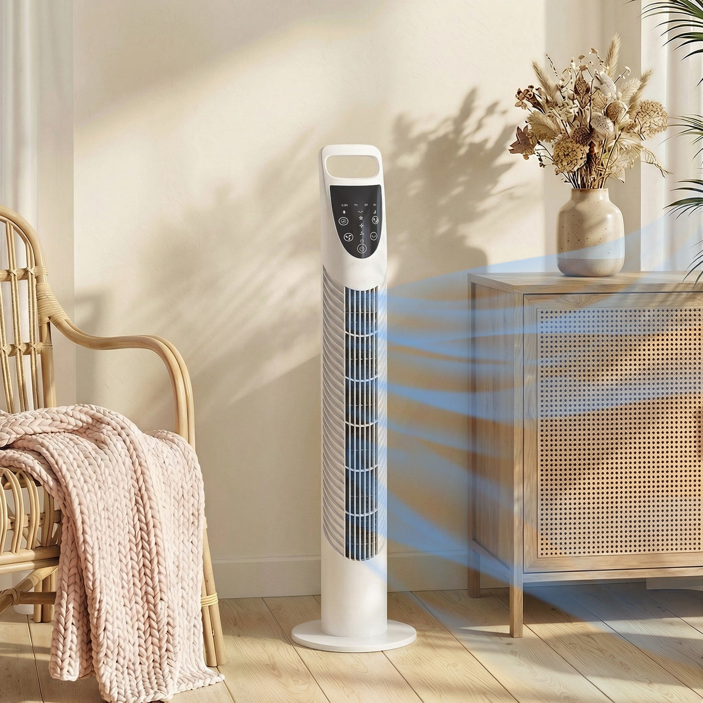 Tower Fan Oscillating 3 Speeds 3 Winds 40W w/ RC Timer Quiet - White